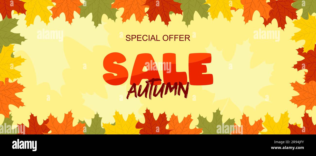 Autumn sale banner with frame of multicolored maple leaves on a pale ...