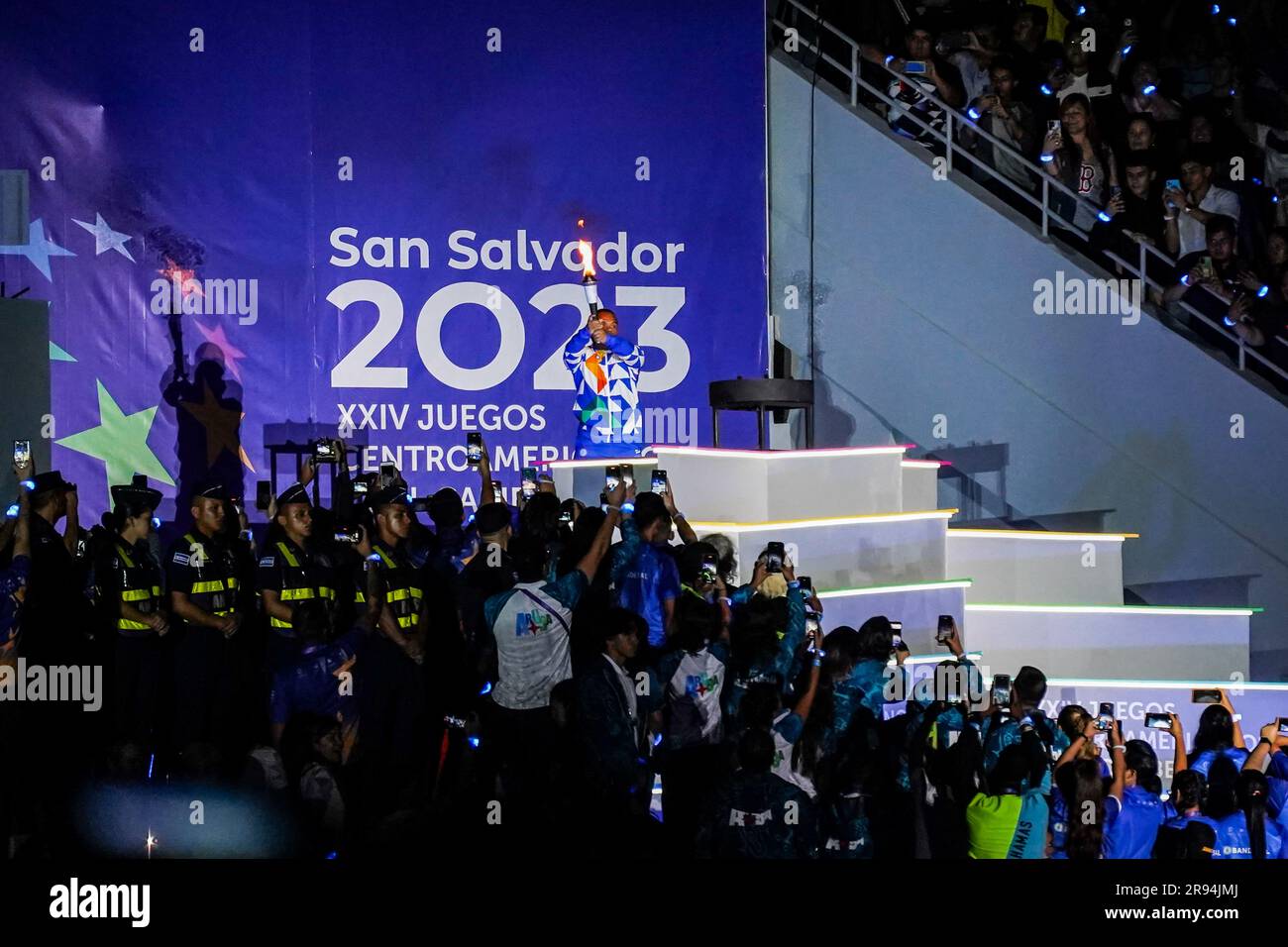 San Salvador, El Salvador. 23rd June, 2023. Herbert Aceituno from the Salvadoran delegation lights the Central American and Caribean fire during the inauguration of the San Salvador 2023 Central American and Caribean Games in the Jorge 'Mágico' González National Stadium. (Photo by Camilo Freedman/SOPA Images/Sipa USA) Credit: Sipa USA/Alamy Live News Stock Photo