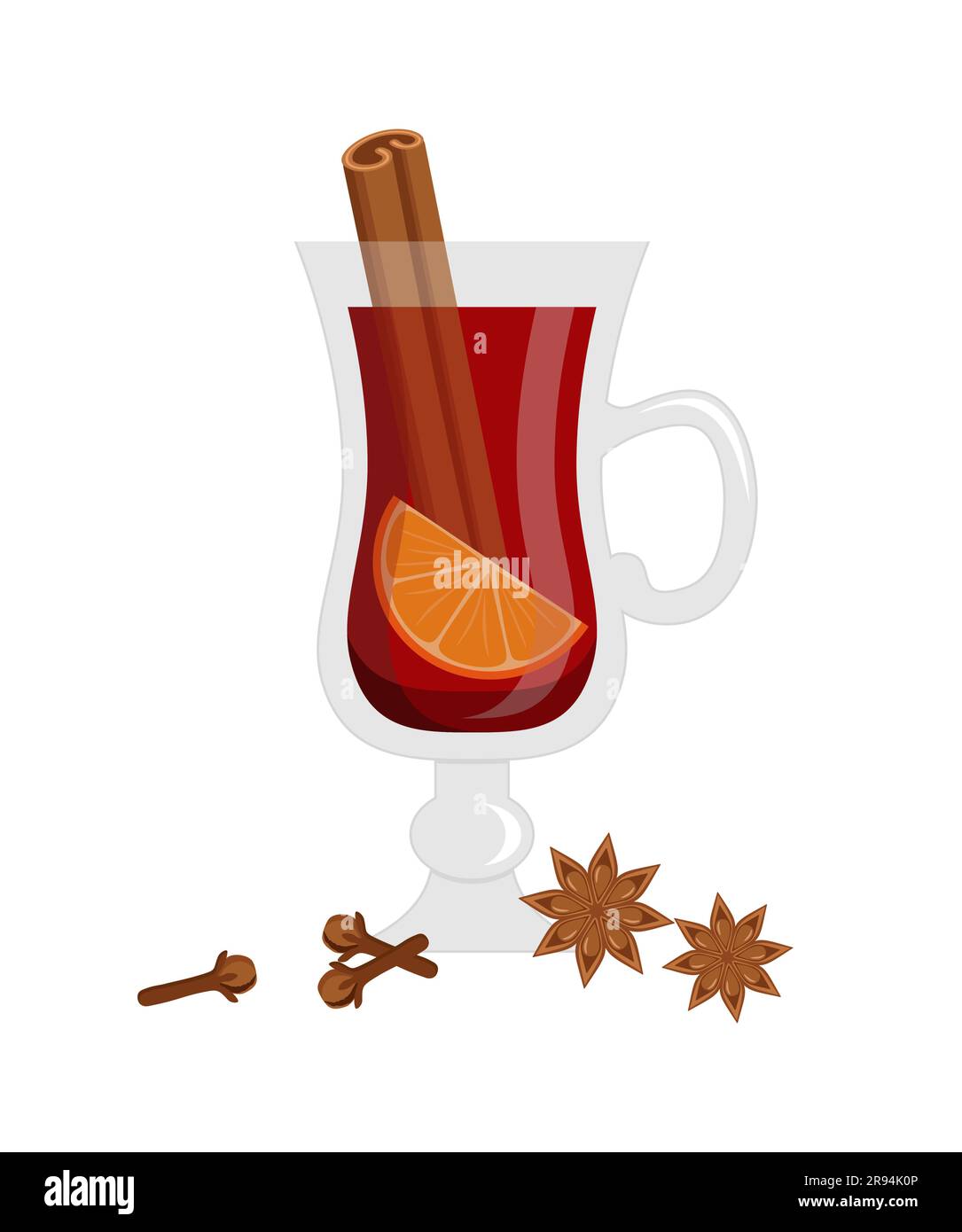A glass of mulled wine with orange, cinnamon stick, cloves and anise