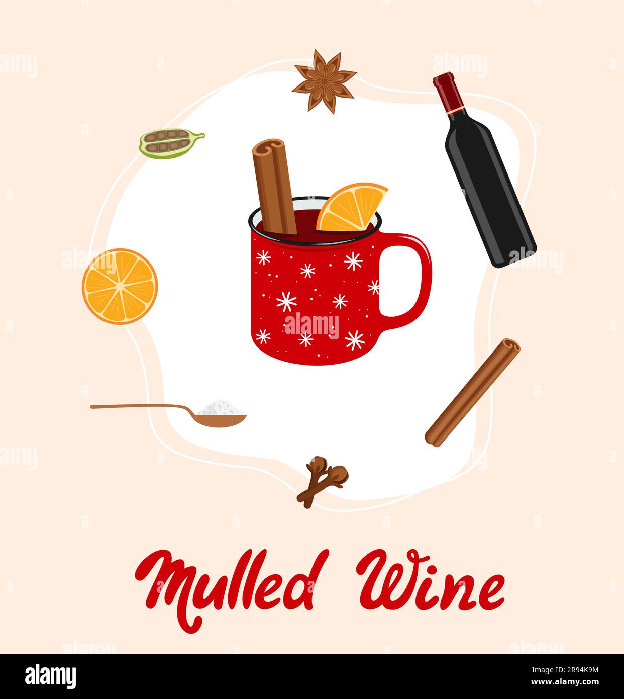 Mulled wine in a red cup with ingredients around. Mulled wine recipe. Flat vector illustration Stock Vector