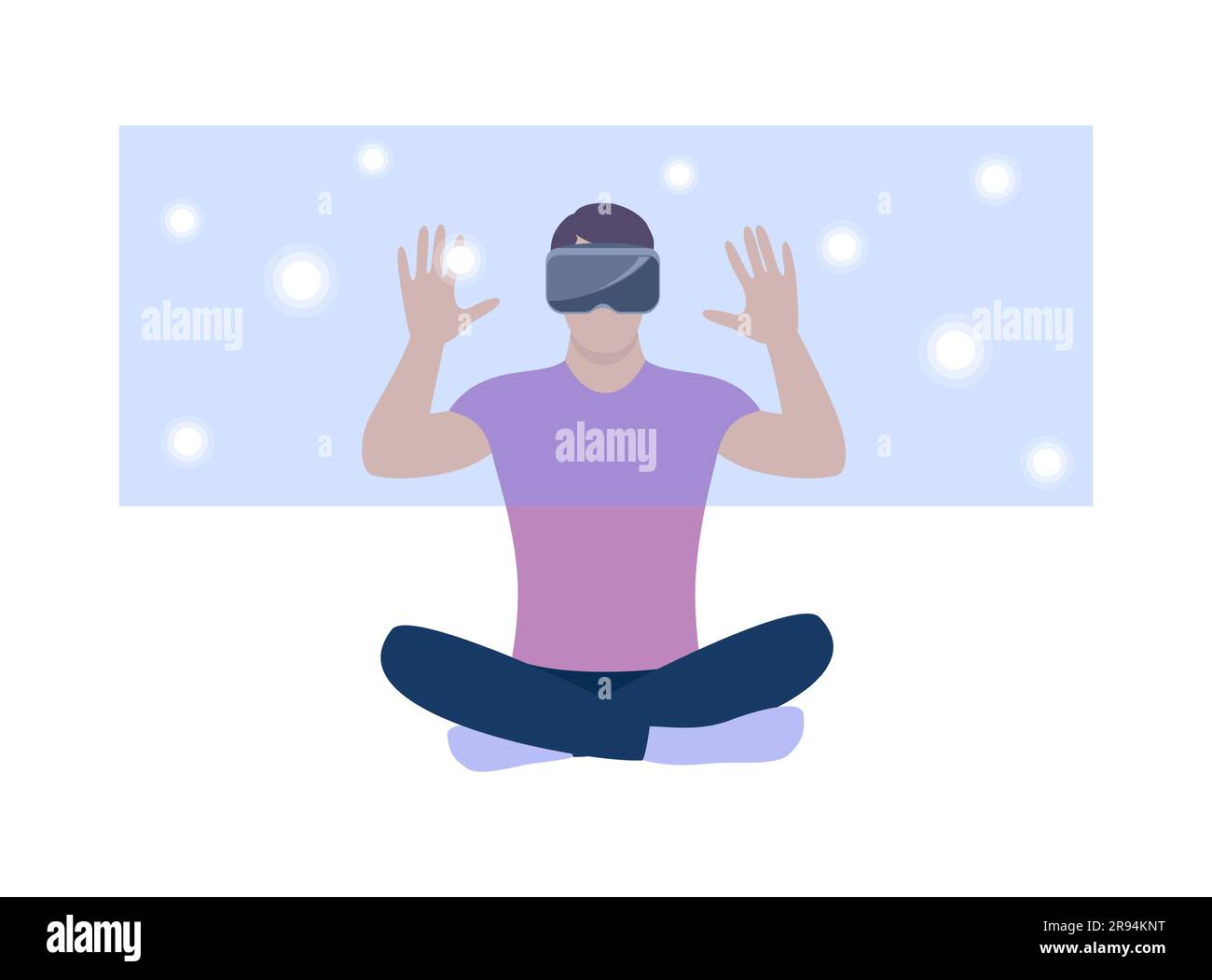 A man in virtual reality glasses sits in a lotus position in front of a translucent blue screen with abstract circles. The concept of virtual technolo Stock Vector