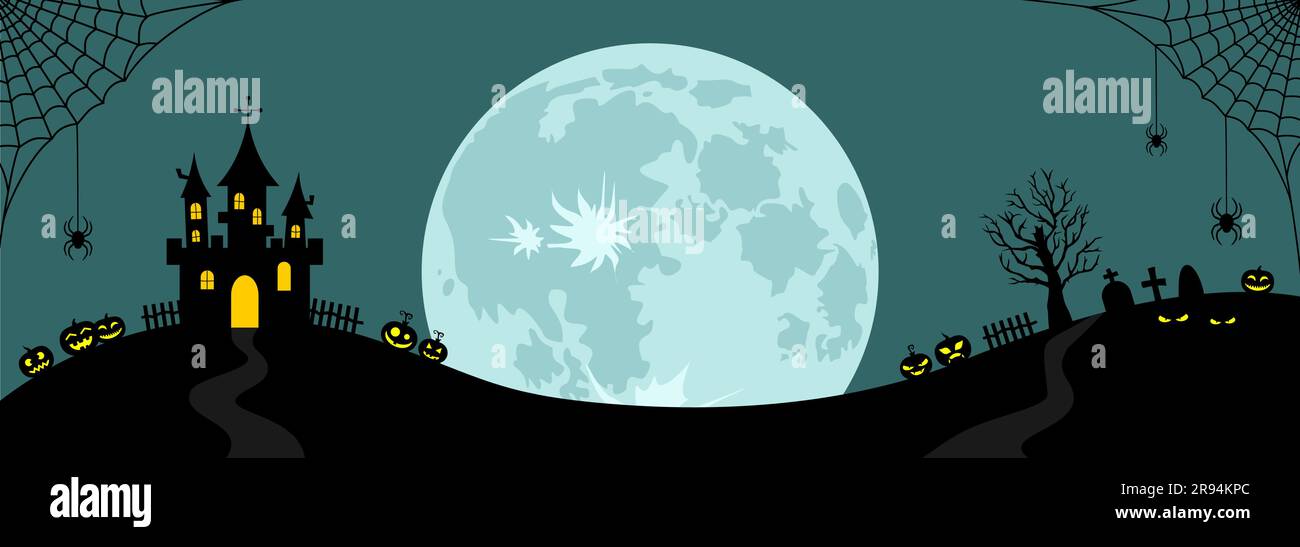 Full moon and black silhouettes of castle, spiders on web, pumpkins, graveyard on a blue background with copy space. Halloween banner. Flat vector ill Stock Vector