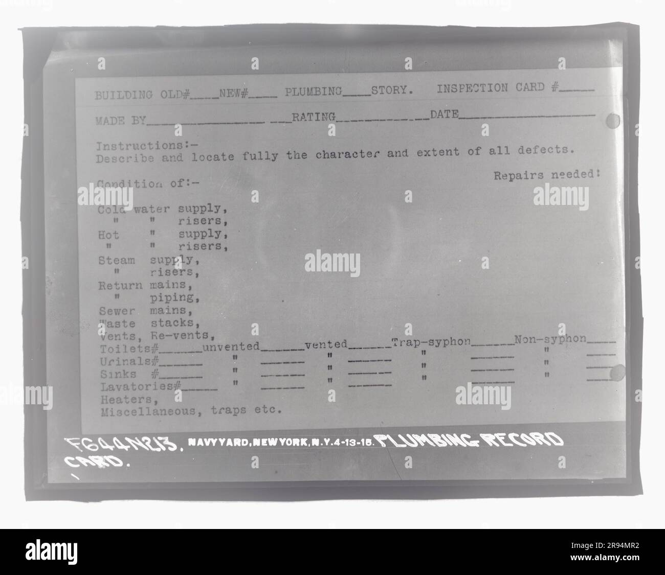 Plumbing Record Card. Glass Plate Negatives of the Construction and