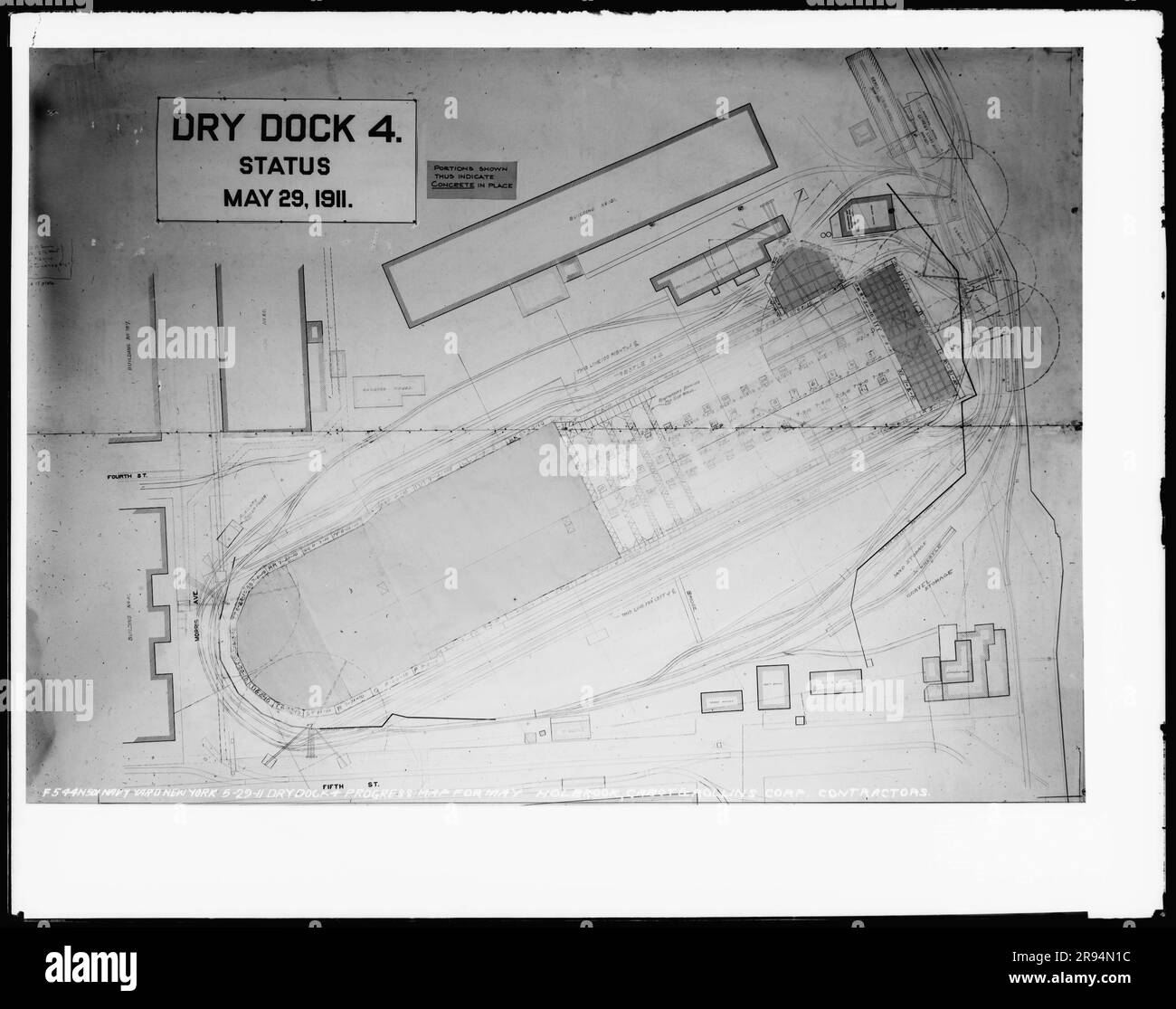 Dry Dock 4, Progress Map for May, The Holbrook Cabot and Rollins Corporation Contractor. Glass Plate Negatives of the Construction and Repair of Buildings, Facilities, and Vessels at the New York Navy Yard. Stock Photo