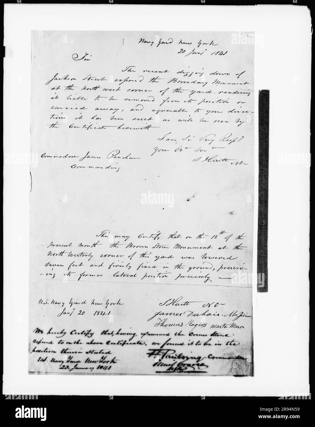 Photograph of Certificate, etc., Regarding Resetting of Monument at Northwesterly Corner of the Navy Yard, January 20, 1841. Glass Plate Negatives of the Construction and Repair of Buildings, Facilities, and Vessels at the New York Navy Yard. Stock Photo