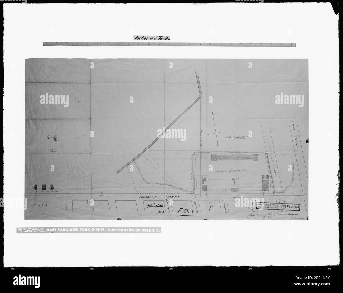 Photo of Drawing F563-S3 - Plan Showing Line of Proposed Sewer at Marine Barracks, 1861. Glass Plate Negatives of the Construction and Repair of Buildings, Facilities, and Vessels at the New York Navy Yard. Stock Photo