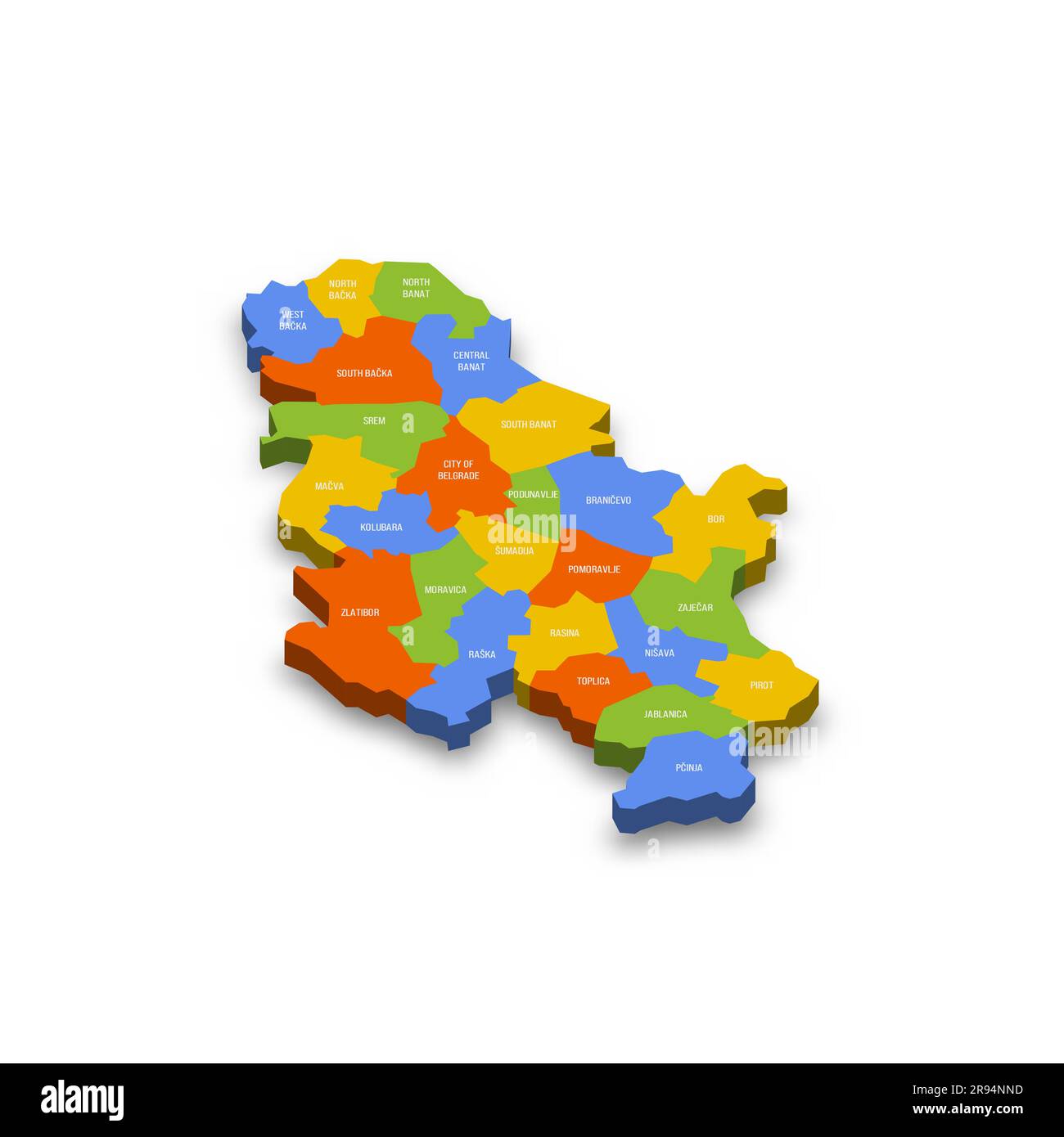 Serbia political map of administrative divisions - okrugs and autonomous city of Belgrade. Colorful 3D vector map with country province names and dropped shadow. Stock Vector