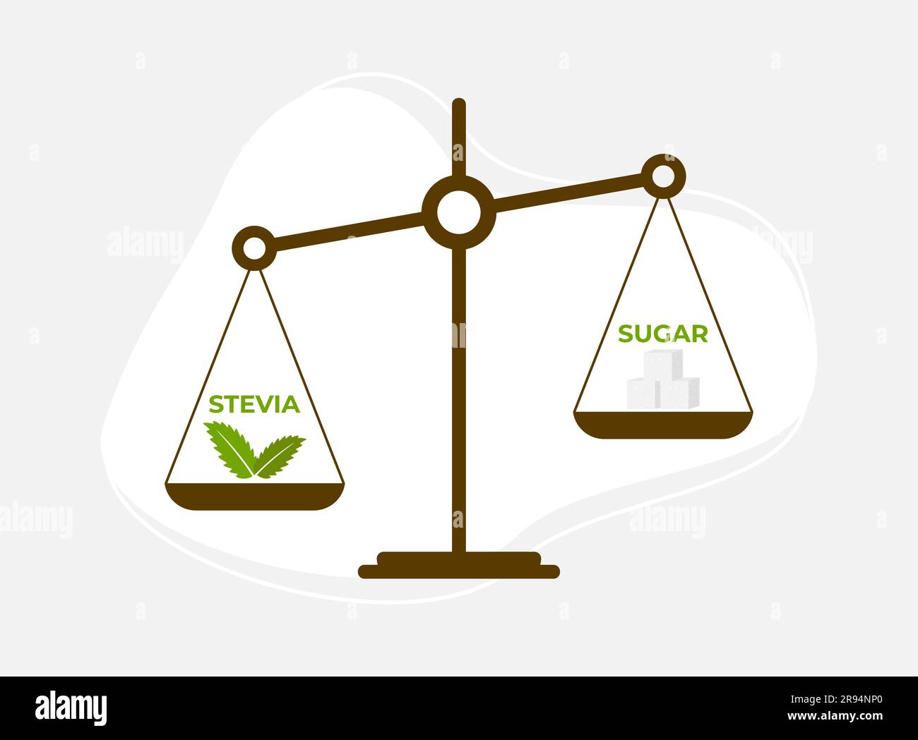 Stevia leaves and sugar cubes on scales. Choice concept. Flat vector illustration Stock Vector
