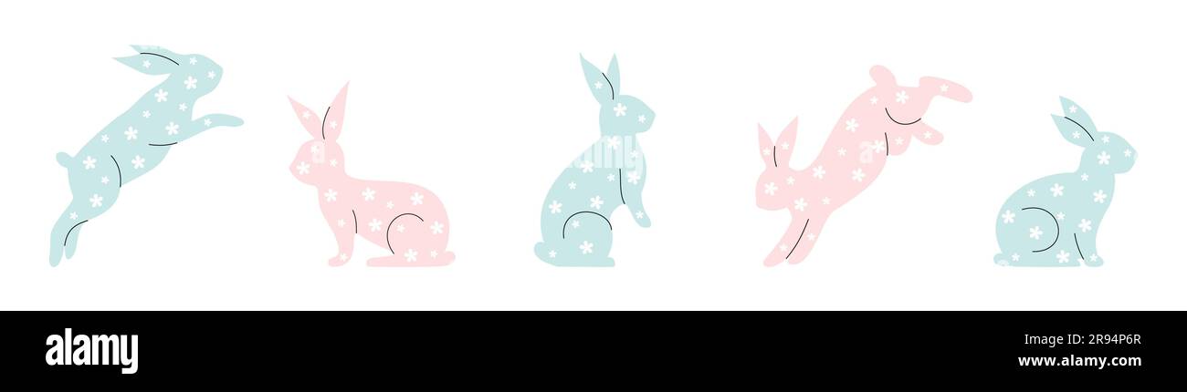Easter bunny set in simple minimalist style. Cute rabbits with a floral ...