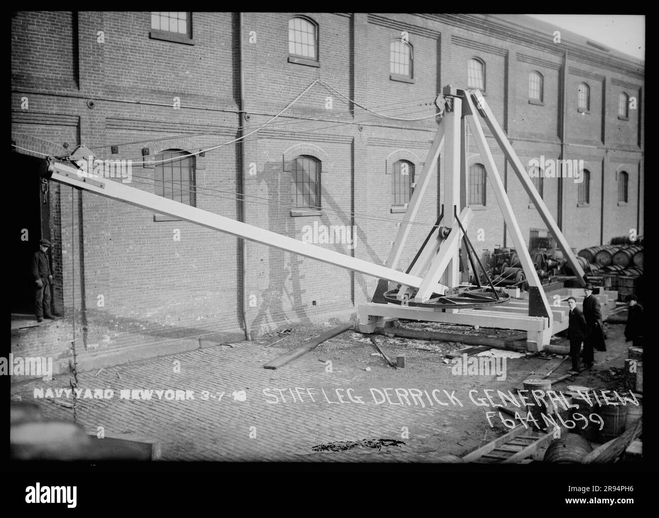 Stiff Leg Derrick, General View. Glass Plate Negatives of the Construction and Repair of Buildings, Facilities, and Vessels at the New York Navy Yard. Stock Photo