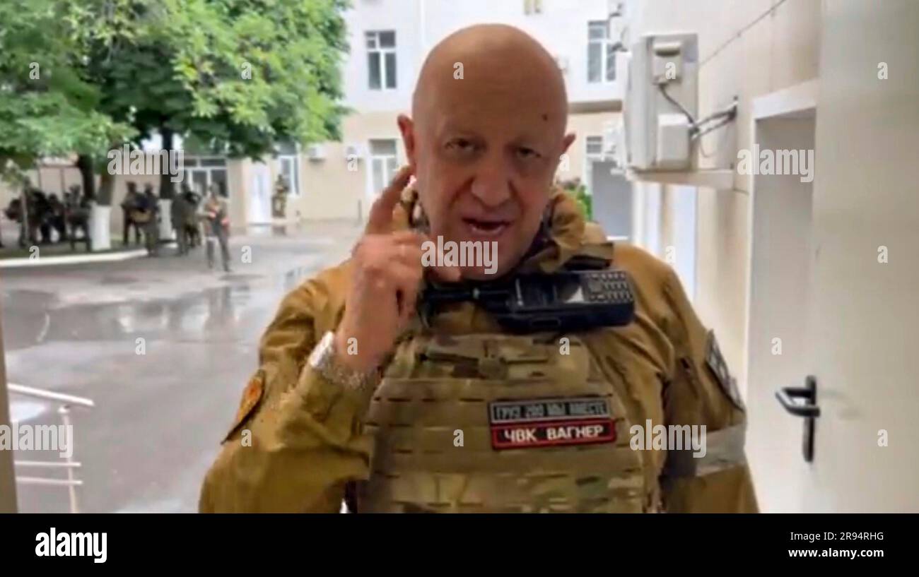 Rostov-on-Don, Ukraine. 24th June, 2023. A screen grab of Russian Yevgeny Prigozhin, owner of the Wagner Group of mercenaries broadcasting from inside the Russian Military Southern District headquarters surrounded by his loyal fighters, June 24, 2023 in Rostov-on-Don, Russia. Prigozhin launched a rebellion against Moscow accusing the government of lying to the nation and corruption. Credit: Pool Photo/Wagner Group/Alamy Live News Stock Photo