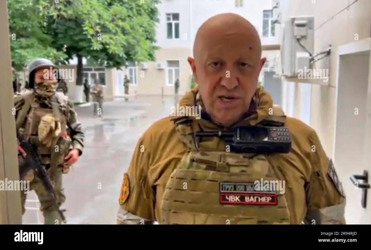 Rostov-on-Don, Ukraine. 24th June, 2023. A screen grab of Russian Yevgeny Prigozhin, owner of the Wagner Group of mercenaries broadcasting from inside the Russian Military Southern District headquarters surrounded by his loyal fighters, June 24, 2023 in Rostov-on-Don, Russia. Prigozhin launched a rebellion against Moscow accusing the government of lying to the nation and corruption. Credit: Pool Photo/Wagner Group/Alamy Live News Stock Photo
