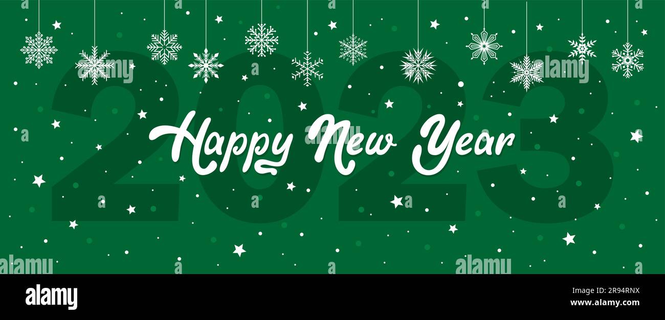 Happy New Year Greeting Banner With Text And Snowflakes On A Green 