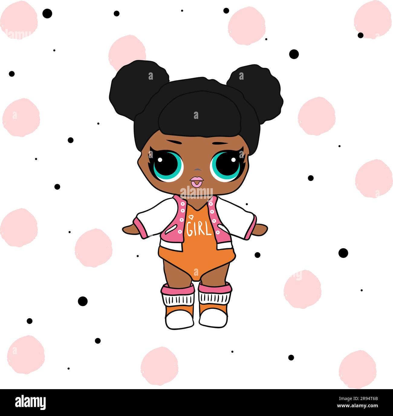 Cute vector lol doll with black and pink hair and big black eyes