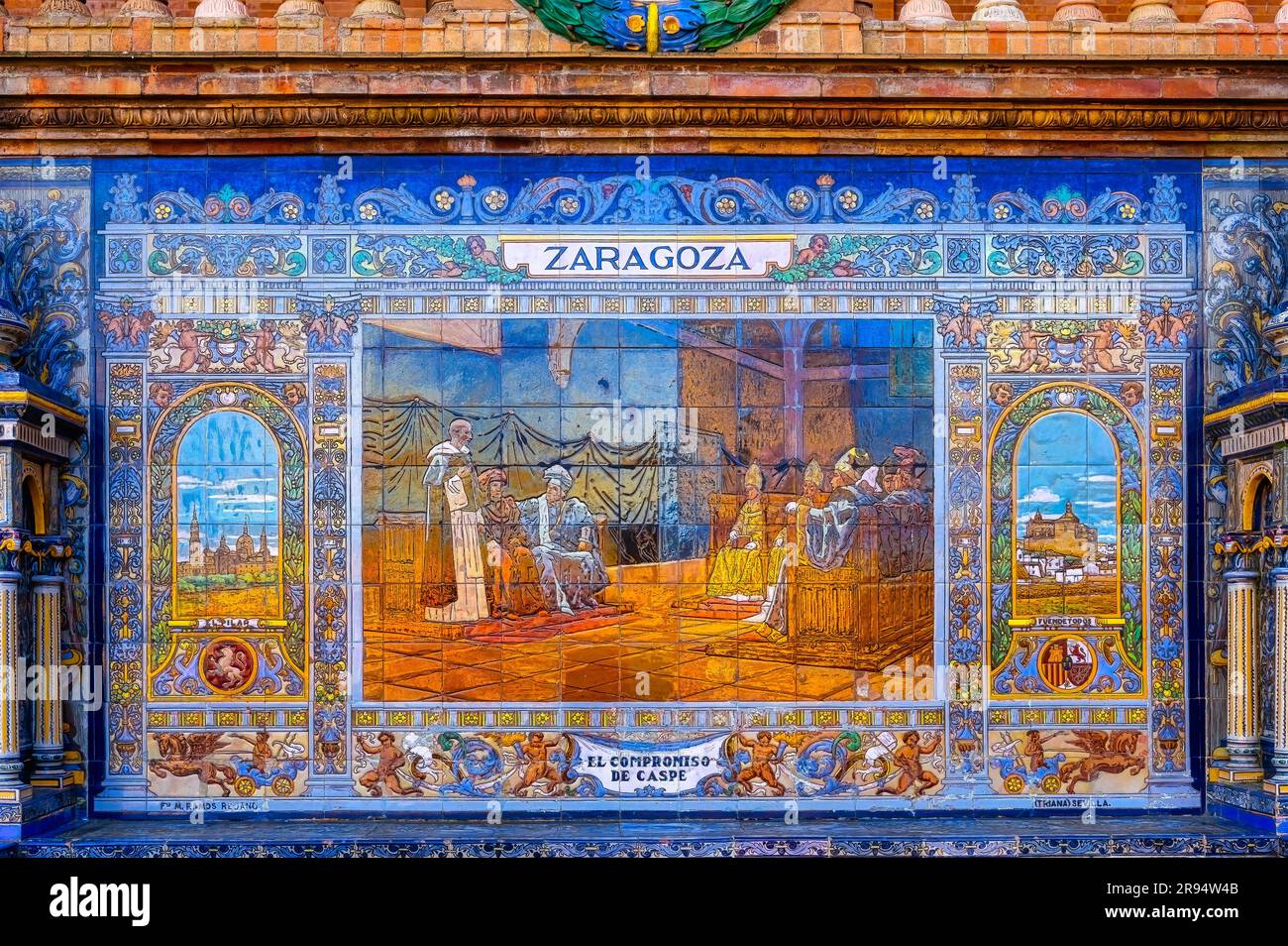 Seville, Spain - January 20, 2023: Plaza de España. Azulejo ceramic tiles forming a piece of art representing the Spanish region of Zaragoza Stock Photo