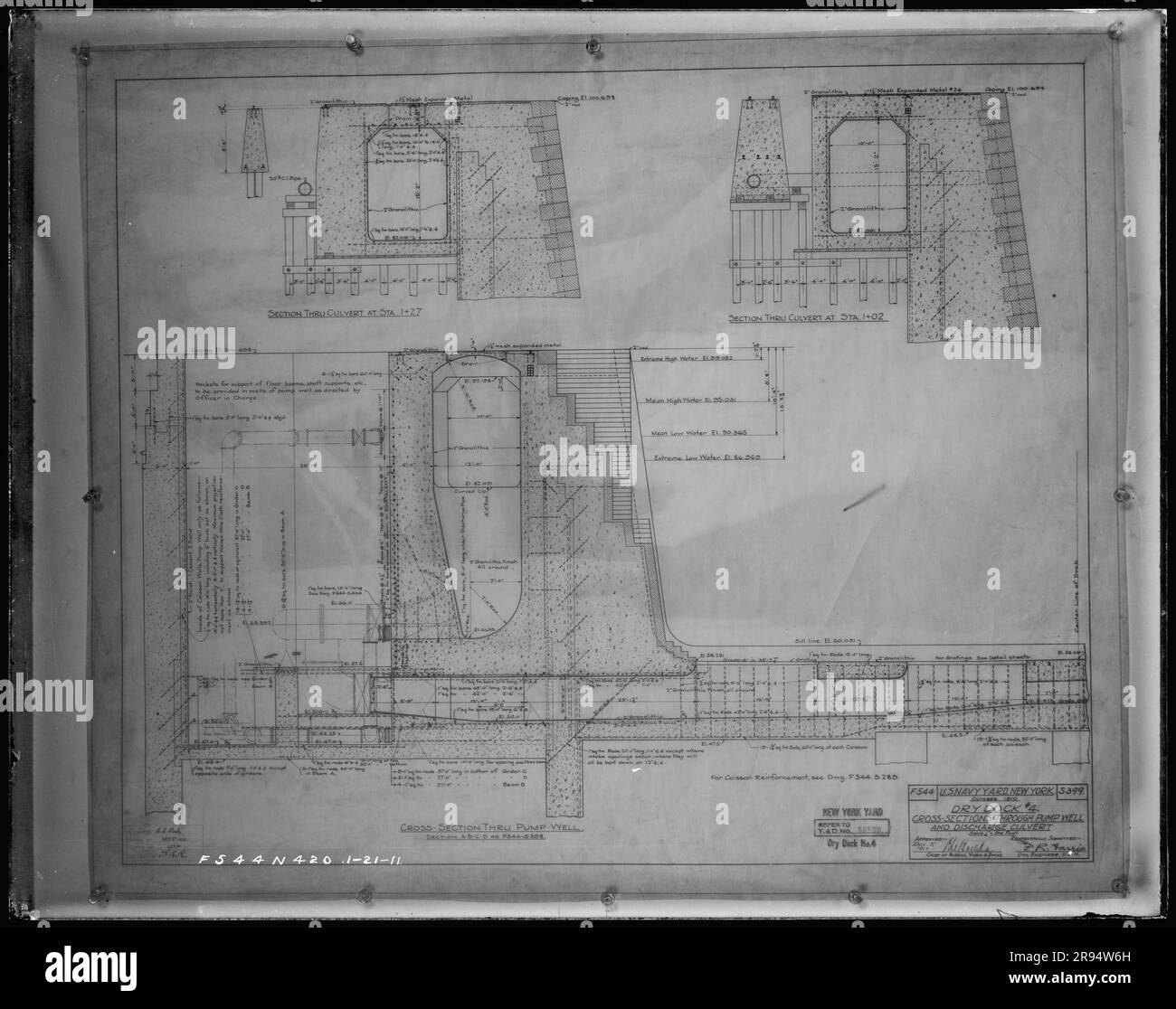 Dry Dock Number 4, Cross-Sections Through Pump Well and Discharge Culvert, Drawing F544 S399. Glass Plate Negatives of the Construction and Repair of Buildings, Facilities, and Vessels at the New York Navy Yard. Stock Photo