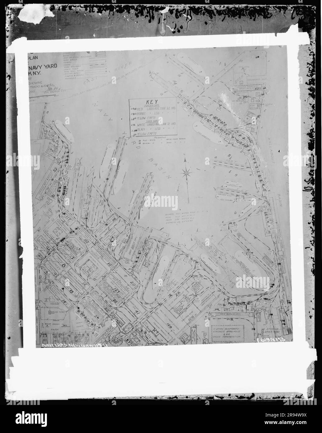 Drawing: Plan of Navy Yard Showing Railroad Tracks and Sewers. Glass Plate Negatives of the Construction and Repair of Buildings, Facilities, and Vessels at the New York Navy Yard. Stock Photo