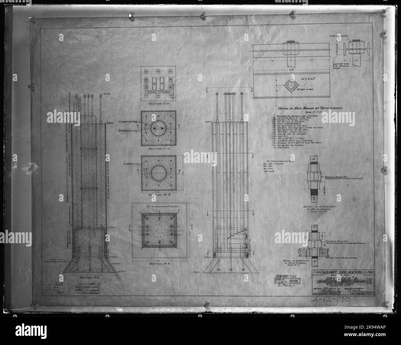 Drawing: Dry Dock Number 4, Details of Intermediate Caissons with Plumb Sides. Glass Plate Negatives of the Construction and Repair of Buildings, Facilities, and Vessels at the New York Navy Yard. Stock Photo