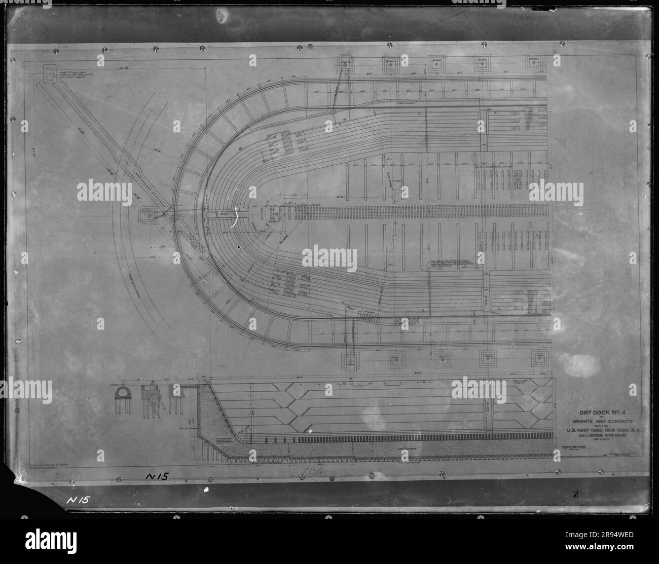Drawing: Dry Dock Number 4, Granite and Concrete for the U. S. Navy Yard, New York, New York, Plan and Longitudinal Section Head End. Glass Plate Negatives of the Construction and Repair of Buildings, Facilities, and Vessels at the New York Navy Yard. Stock Photo