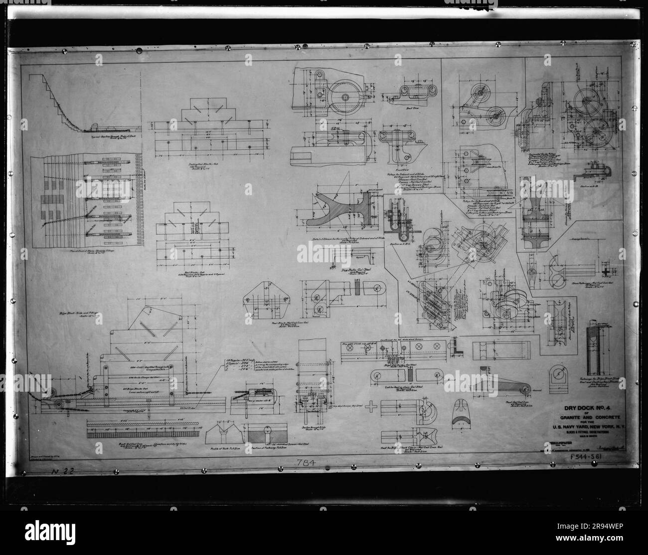 Drawing: Dry Dock Number 4, Granite and Concrete for the US Navy Yard, New York, New York, Blocks and Fittings, Shore Fastening. Glass Plate Negatives of the Construction and Repair of Buildings, Facilities, and Vessels at the New York Navy Yard. Stock Photo