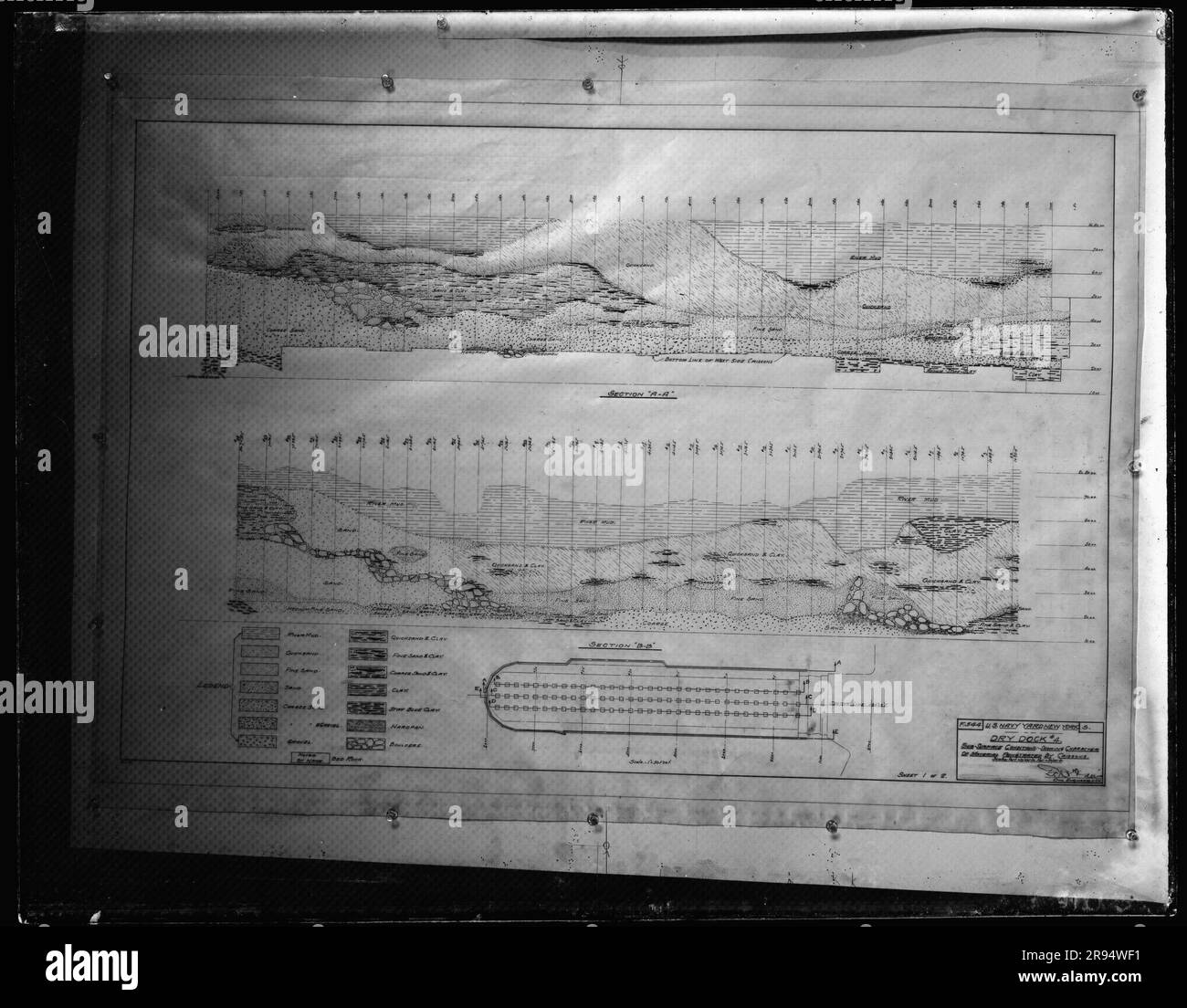 Drawing: US Navy Yard, New York, Dry Dock Number 4, Sub-Surface Conditions, Showing Character of Material Penetrated by Caissons. Glass Plate Negatives of the Construction and Repair of Buildings, Facilities, and Vessels at the New York Navy Yard. Stock Photo