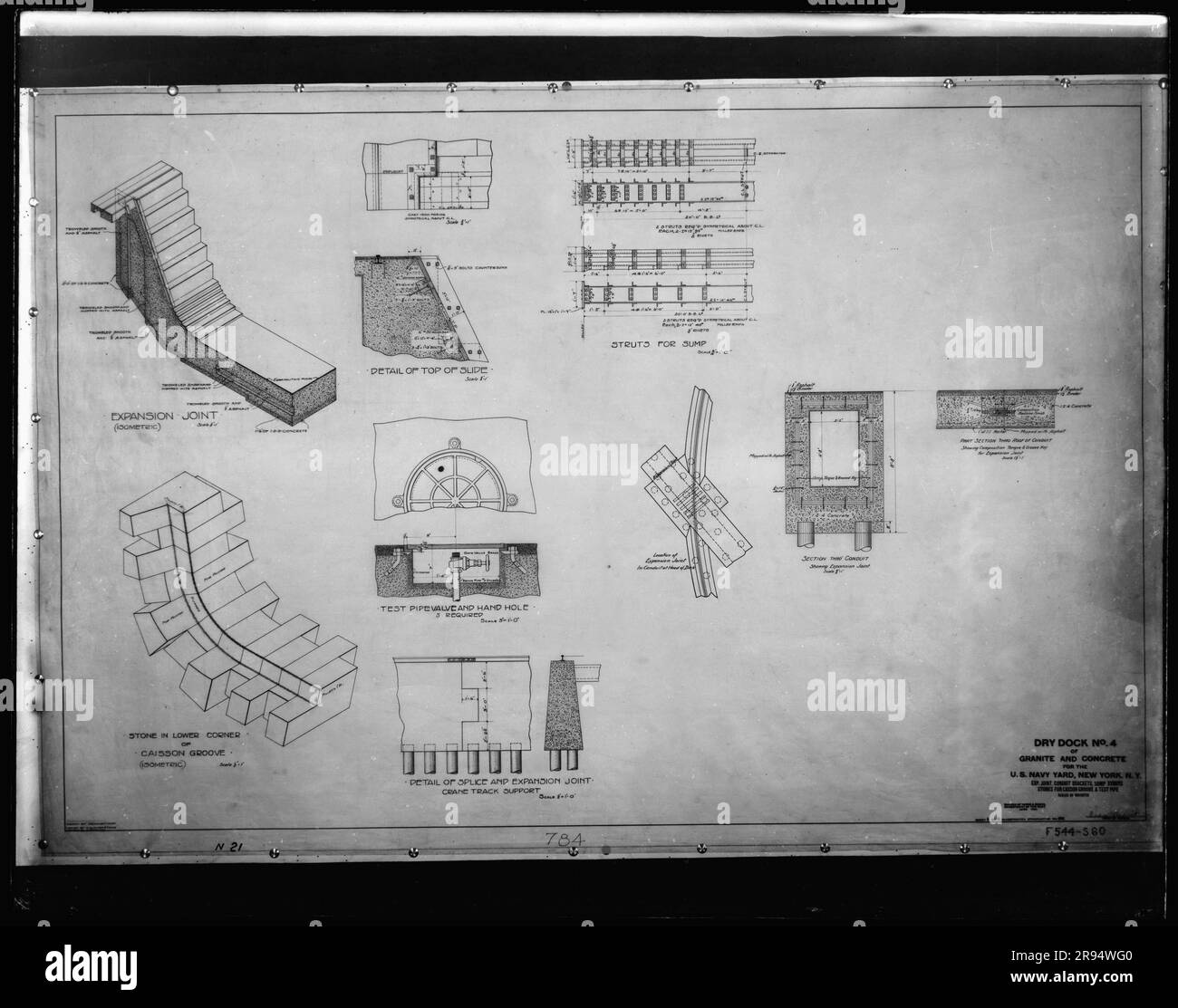 Drawing: Dry Dock Number 4, Granite and Concrete for the US Navy Yard, New York, New York, Expansion Joint, Conduit Brackets, Sump Struts, Stones for Caisson Groove and Test Pipe. Glass Plate Negatives of the Construction and Repair of Buildings, Facilities, and Vessels at the New York Navy Yard. Stock Photo