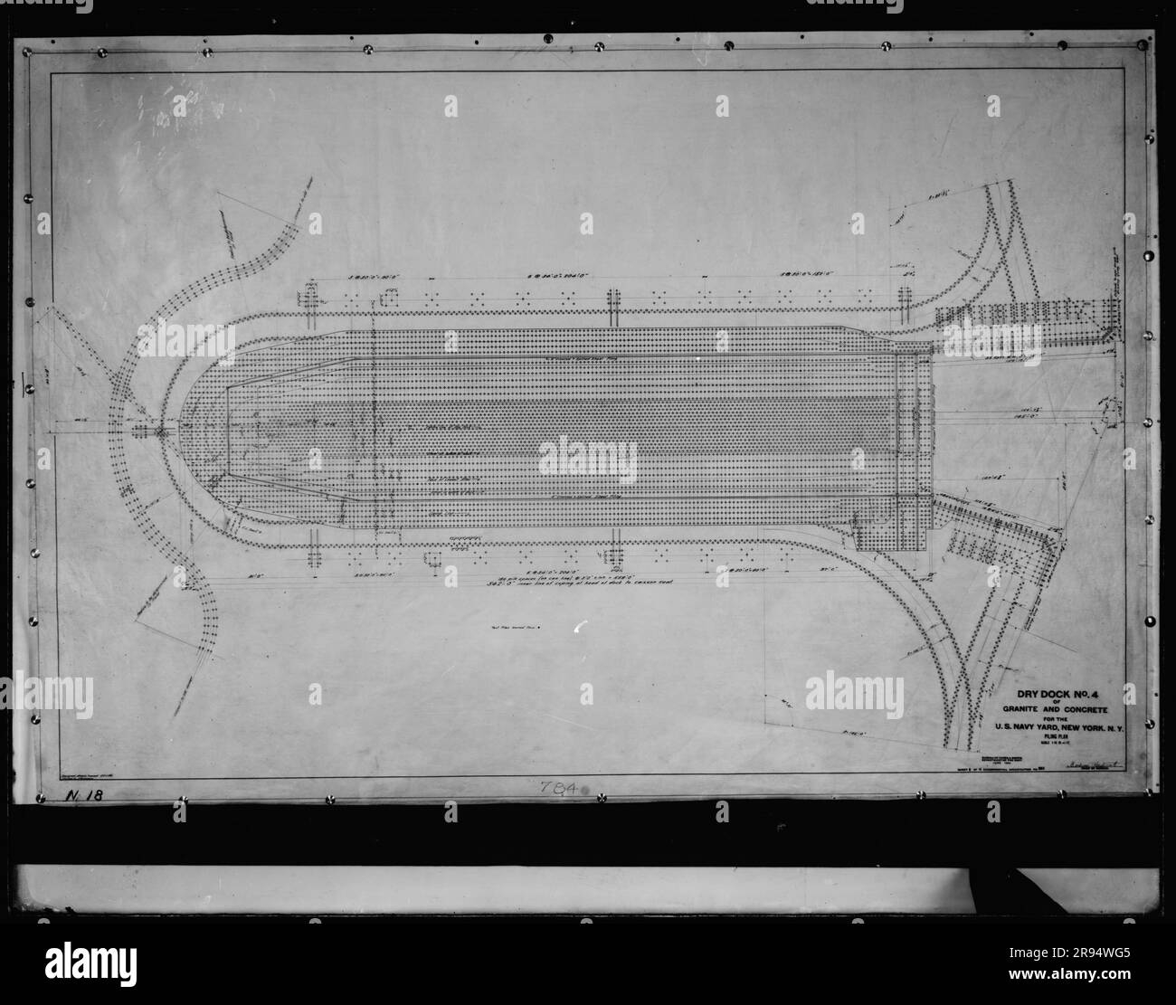 Drawing: Dry Dock Number 4, Granite and Concrete for the US Navy Yard, New York, New York, Piling Plan. Glass Plate Negatives of the Construction and Repair of Buildings, Facilities, and Vessels at the New York Navy Yard. Stock Photo