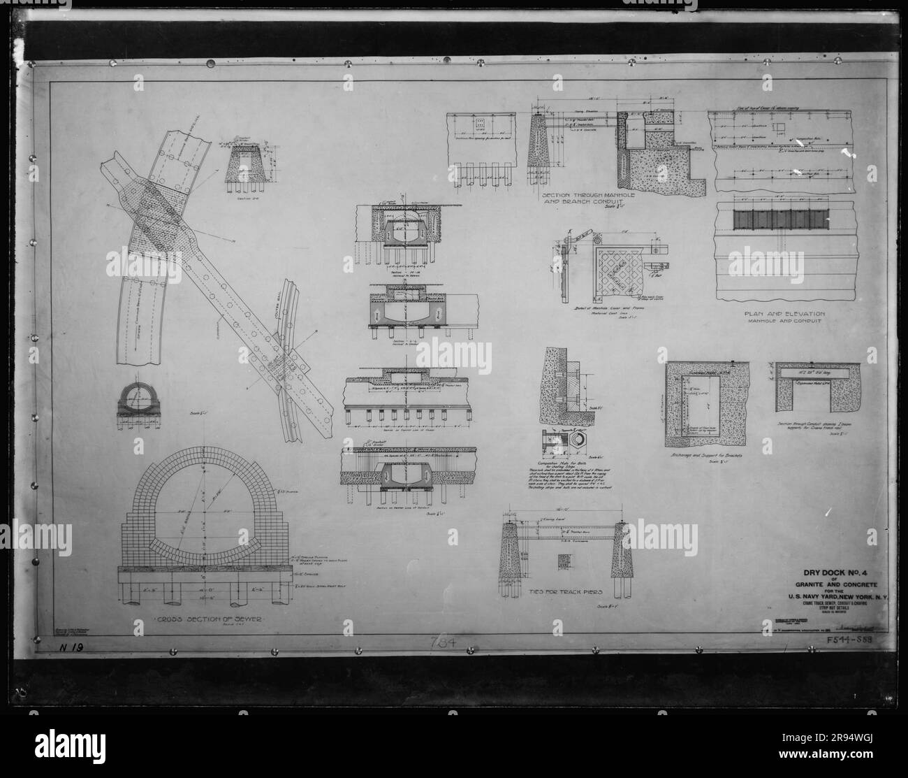 Drawing: Dry Dock Number 4 Granite and Concrete for the US Navy Yard, New York, New York, Crane Track Sewer, Conduit, and Chafing Strip Nut Details. Glass Plate Negatives of the Construction and Repair of Buildings, Facilities, and Vessels at the New York Navy Yard. Stock Photo