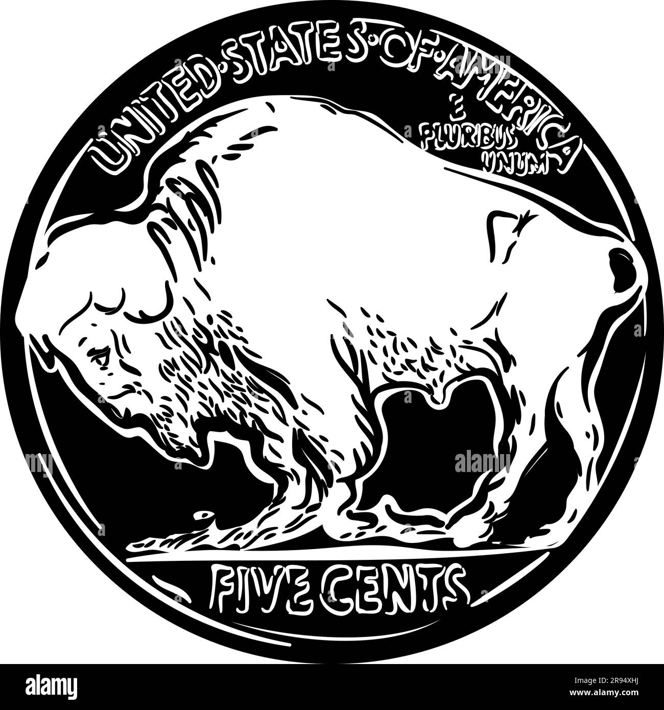 Black and white American money 5 Cent Coin, Reverse of Buffalo nickel with American Bison Stock Vector
