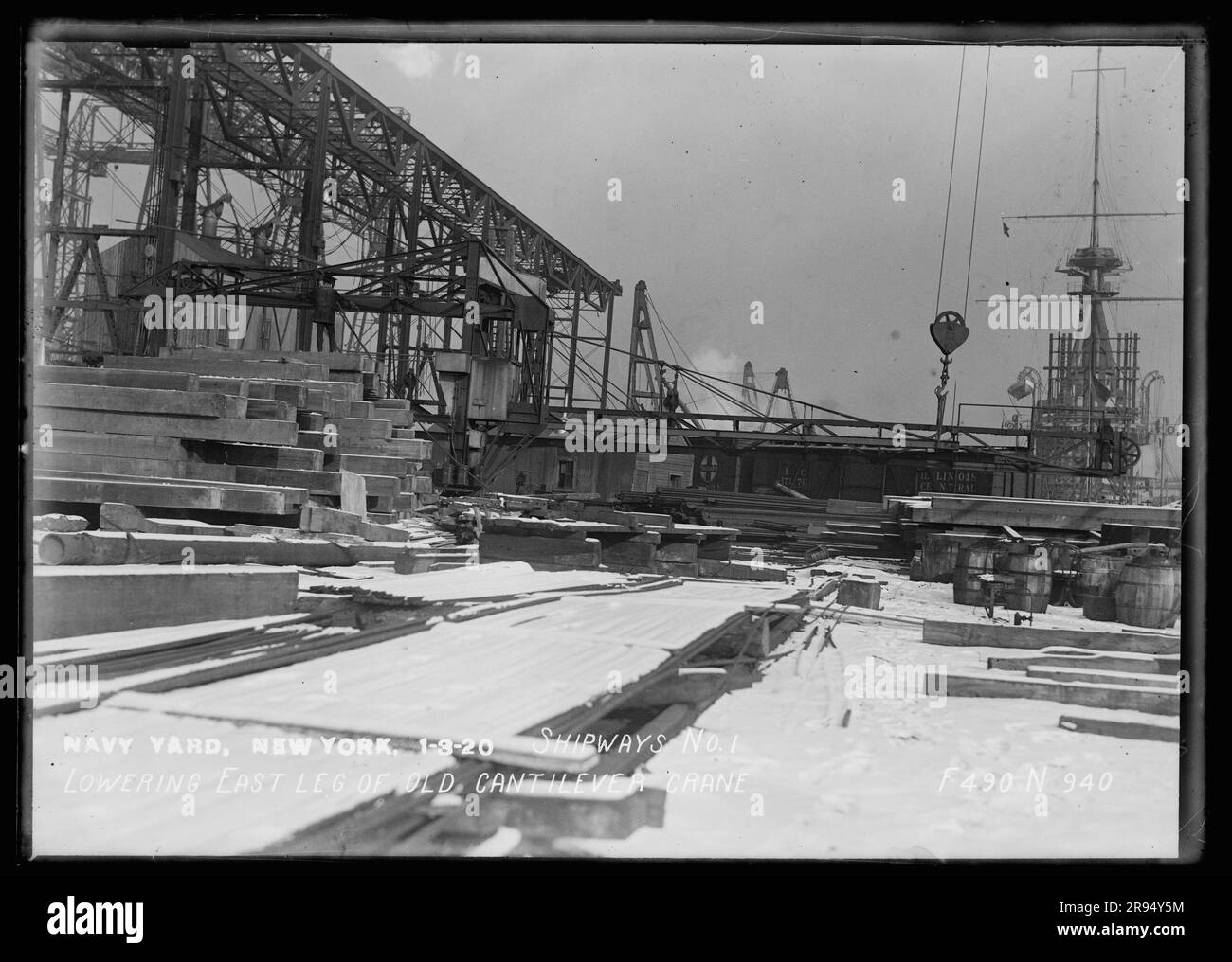 Shipways Number 1, Lowering East Leg of Old Cantilever Crane. Glass