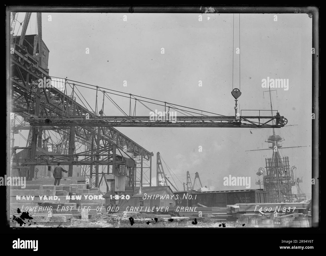 Shipways Number 1, Lowering East Leg of Old Cantilever Crane. Glass