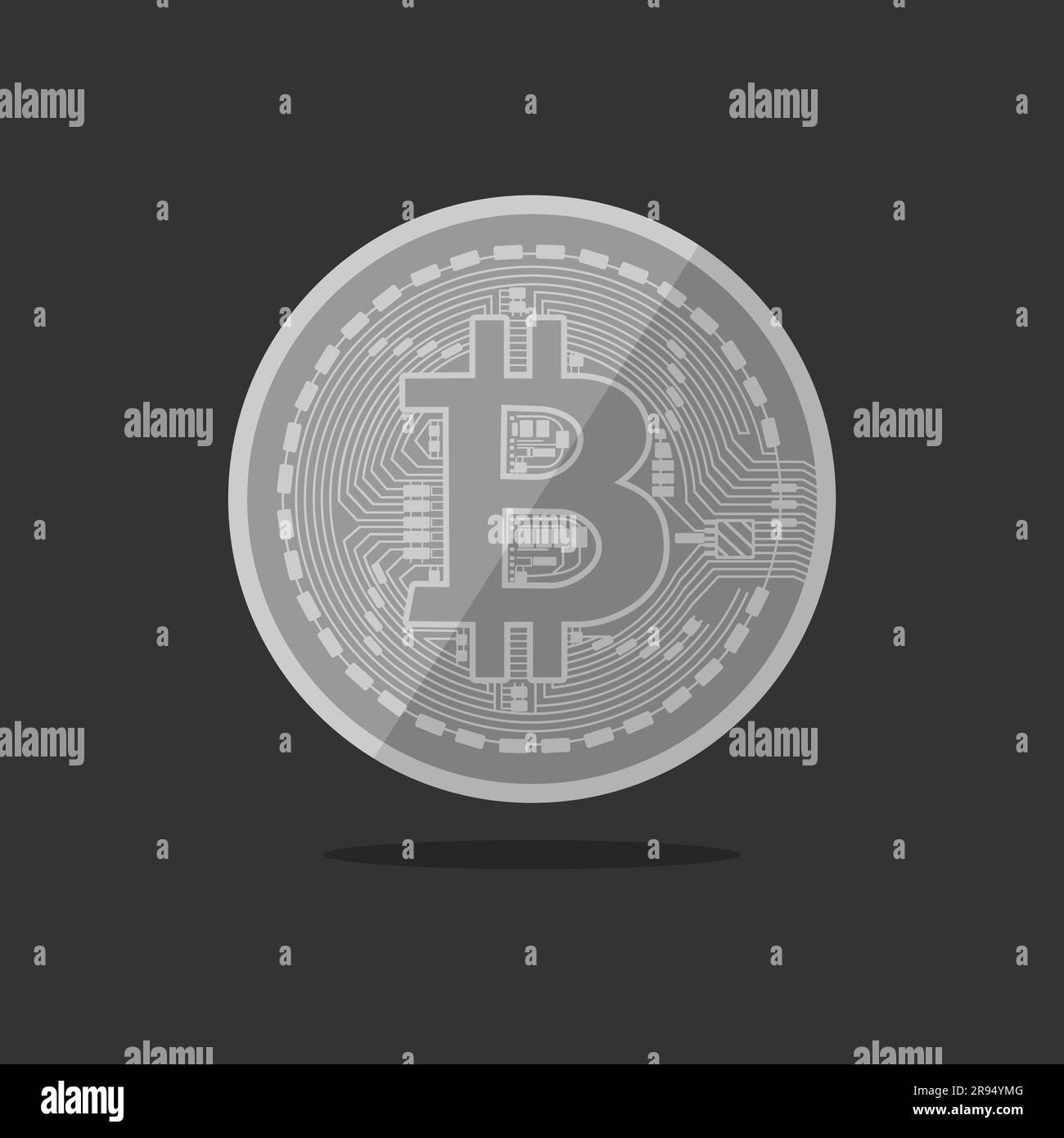 Silver bitcoin coin isolated on dark gray background. Crypto currency symbol. Flat vector illustration Stock Vector