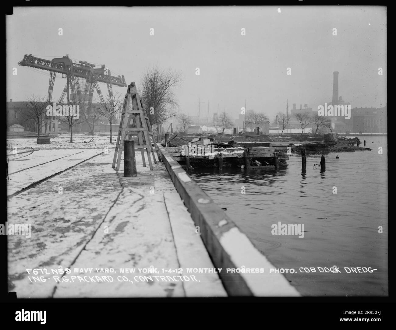 Monthly Progress Photo, Cob Dock Dredging, R. G. Packard Company, Contractor. Glass Plate Negatives of the Construction and Repair of Buildings, Facilities, and Vessels at the New York Navy Yard. Stock Photo