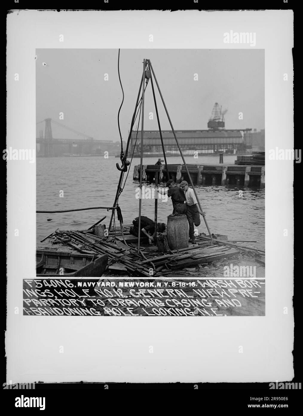 Wash Borings, Hole Number 12, General View Preparatory To Drawing Casing and Abandoning Hole, Looking Northeast. Glass Plate Negatives of the Construction and Repair of Buildings, Facilities, and Vessels at the New York Navy Yard. Stock Photo