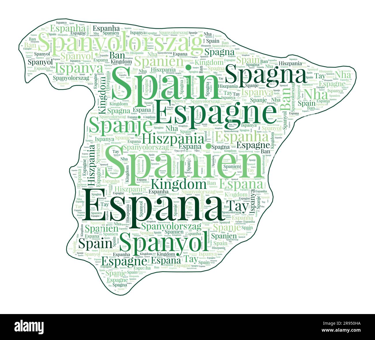 Spain shape filled with country name in many languages. Spain map in