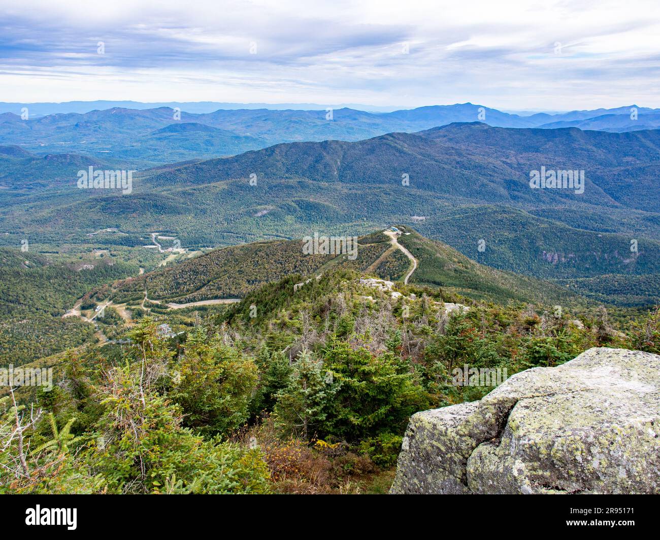 A bird’s eye view of the Whiteface Mountain Ski area’s highest station near Lake Placid, New York state, USA. Stock Photo