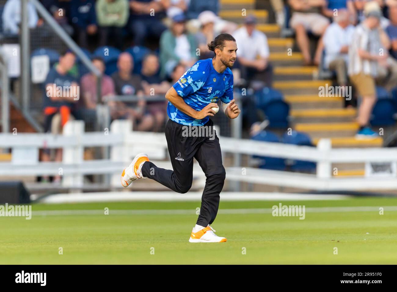 23rd June 2023; Sophia Gardens, Cardiff, Wales: Vitality Blast T20 League Cricket, Glamorgan versus Sussex; Sussex's Hudson-Prentice comes in to bowl. Stock Photo