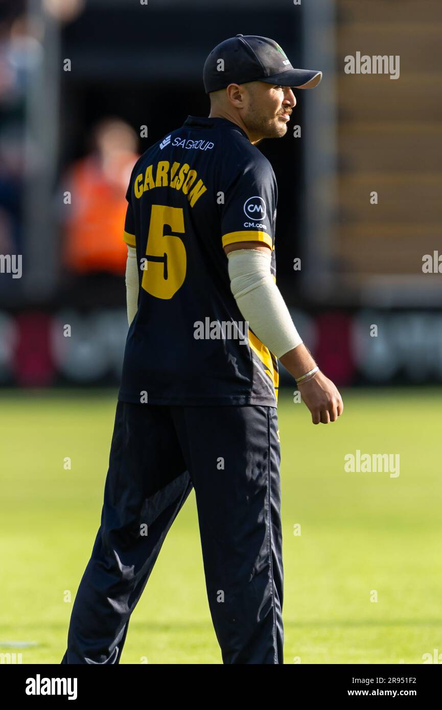23rd June 2023; Sophia Gardens, Cardiff, Wales: Vitality Blast T20 League Cricket, Glamorgan versus Sussex; Glamorgan's captain Kiran Carlson sets his fielders Stock Photo