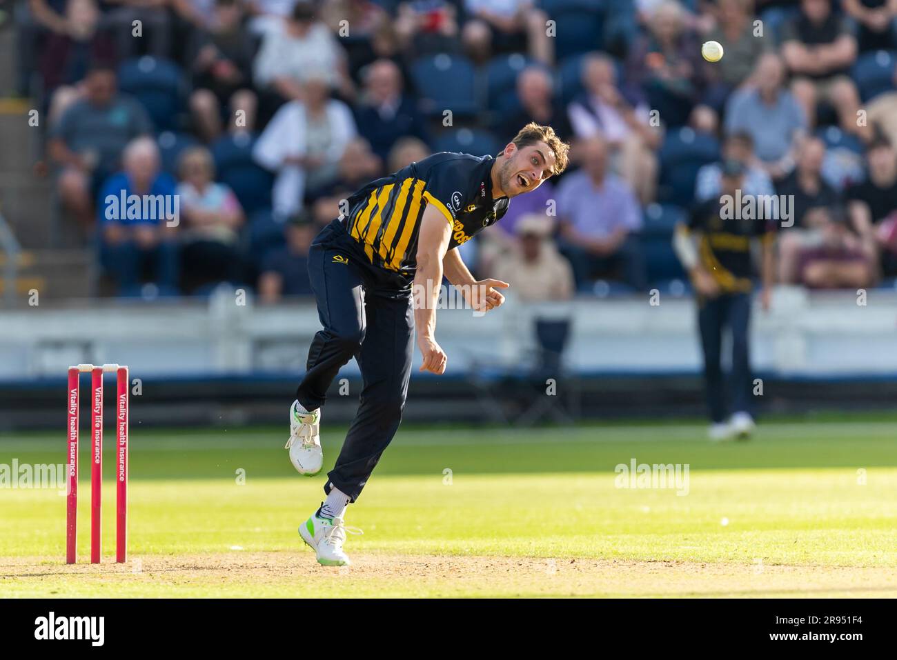 23rd June 2023; Sophia Gardens, Cardiff, Wales: Vitality Blast T20 League Cricket, Glamorgan versus Sussex; Glamorgan's Peter Hatzoglou in bowling action. Stock Photo