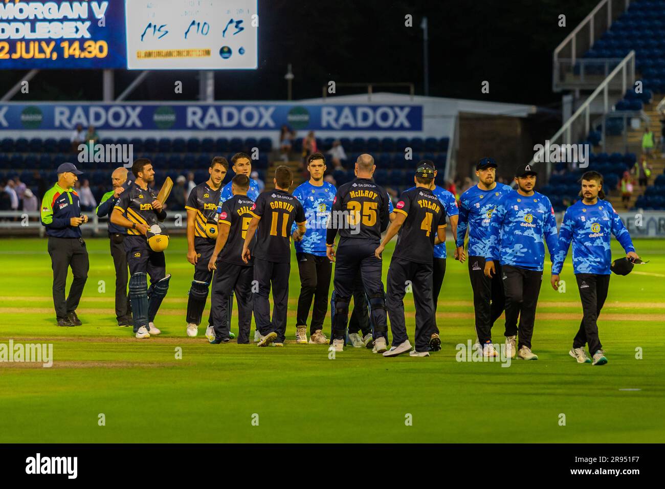 23rd June 2023; Sophia Gardens, Cardiff, Wales: Vitality Blast T20 League Cricket, Glamorgan versus Sussex; Players shake hands after the end of the match with Sussex winning by 20 runs. Stock Photo