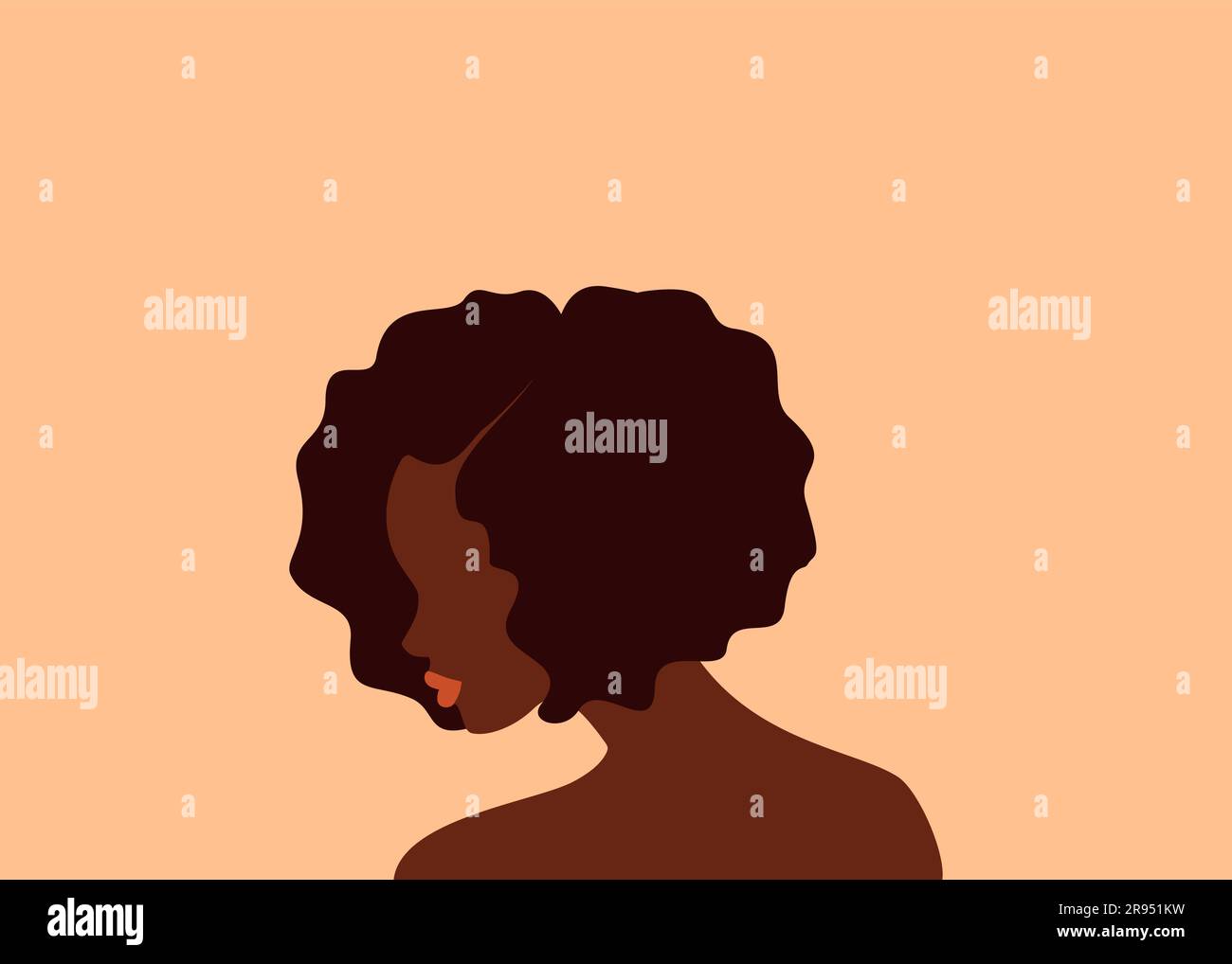 Side view of a beautiful african woman with short curly brown hair and orange lips on a pastel background. Flat vector illustration Stock Vector