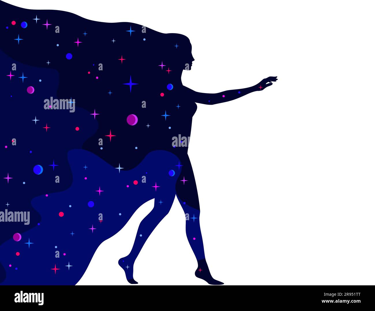 Blue and purple star universe in the shape of a woman's profile silhouette in full height on a white background. A woman comes out of space Stock Vector