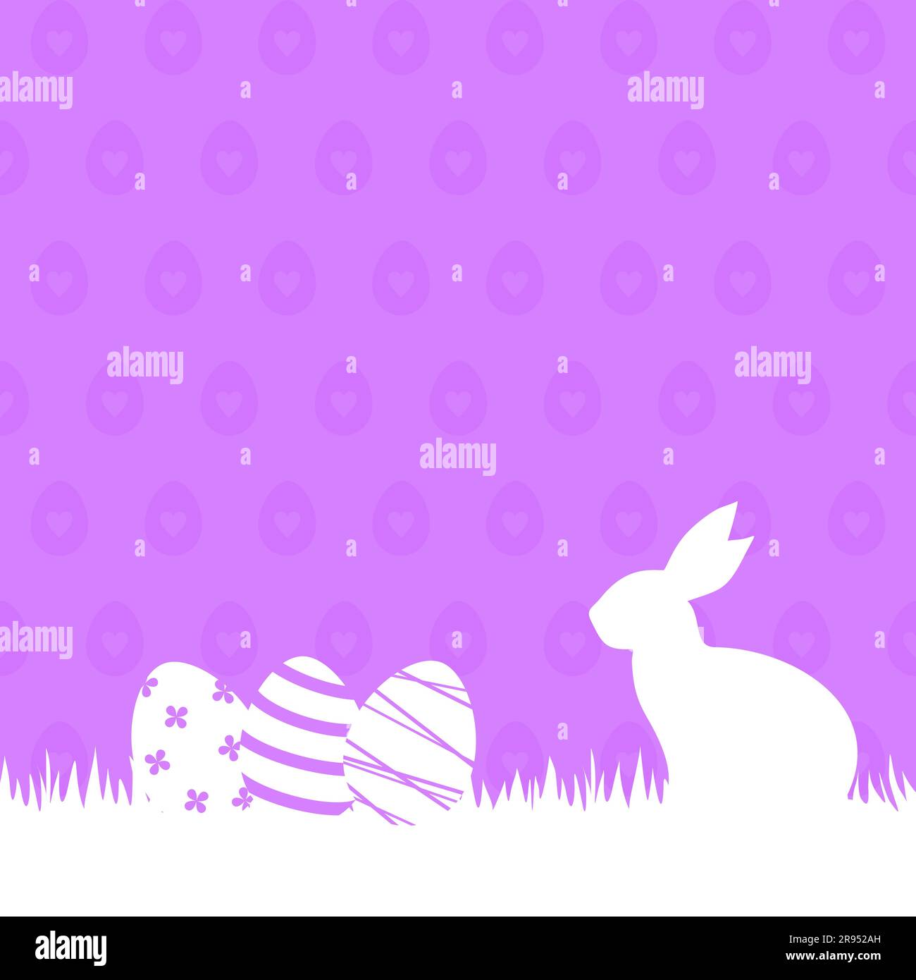 White rabbit and Easter eggs in a grass on a purple patterned ...