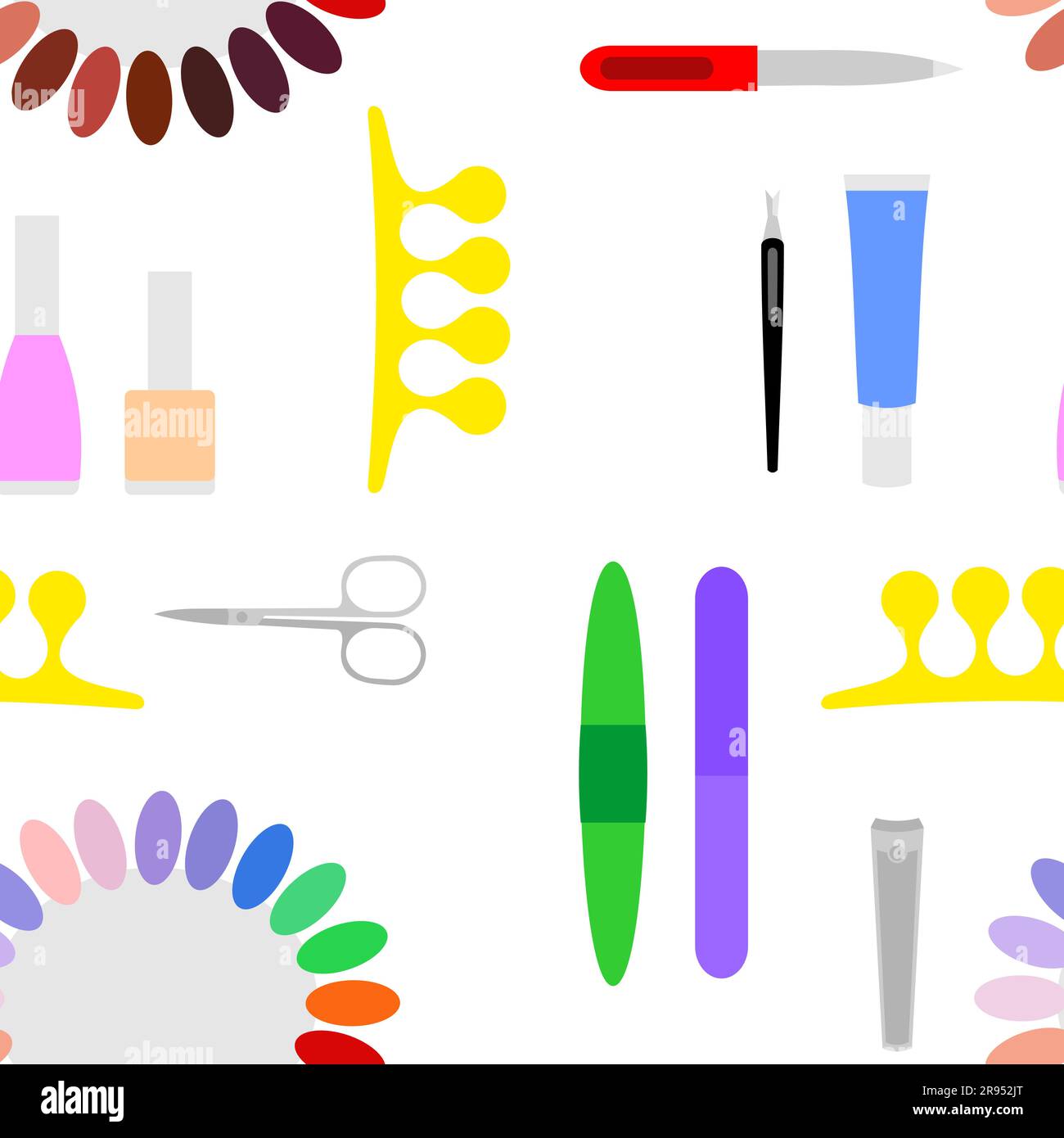 Vector seamless pattern of colorful manicure and pedicure tools on a white background Stock Vector