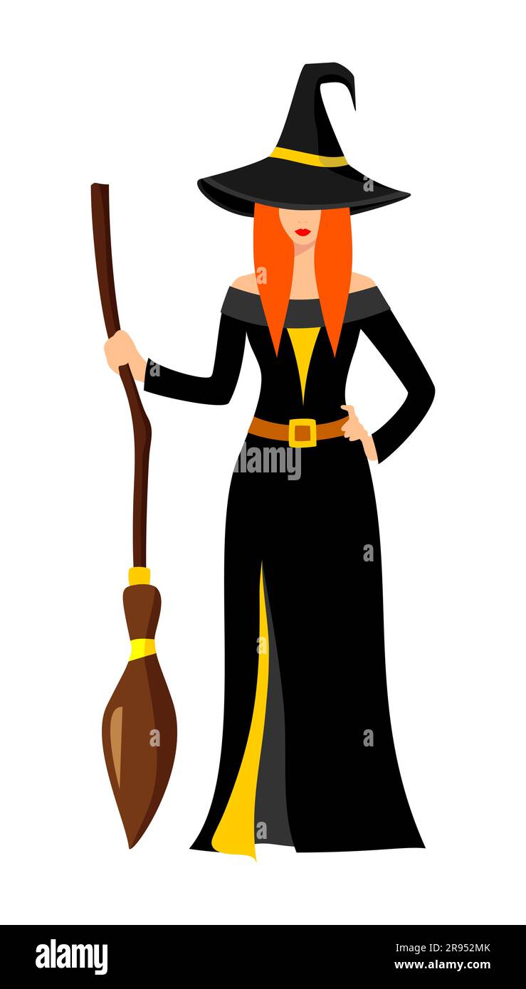 Beautiful red-haired witch in black with a gold dress and a pointed hat stands with a broom in hand. Halloween character Stock Vector