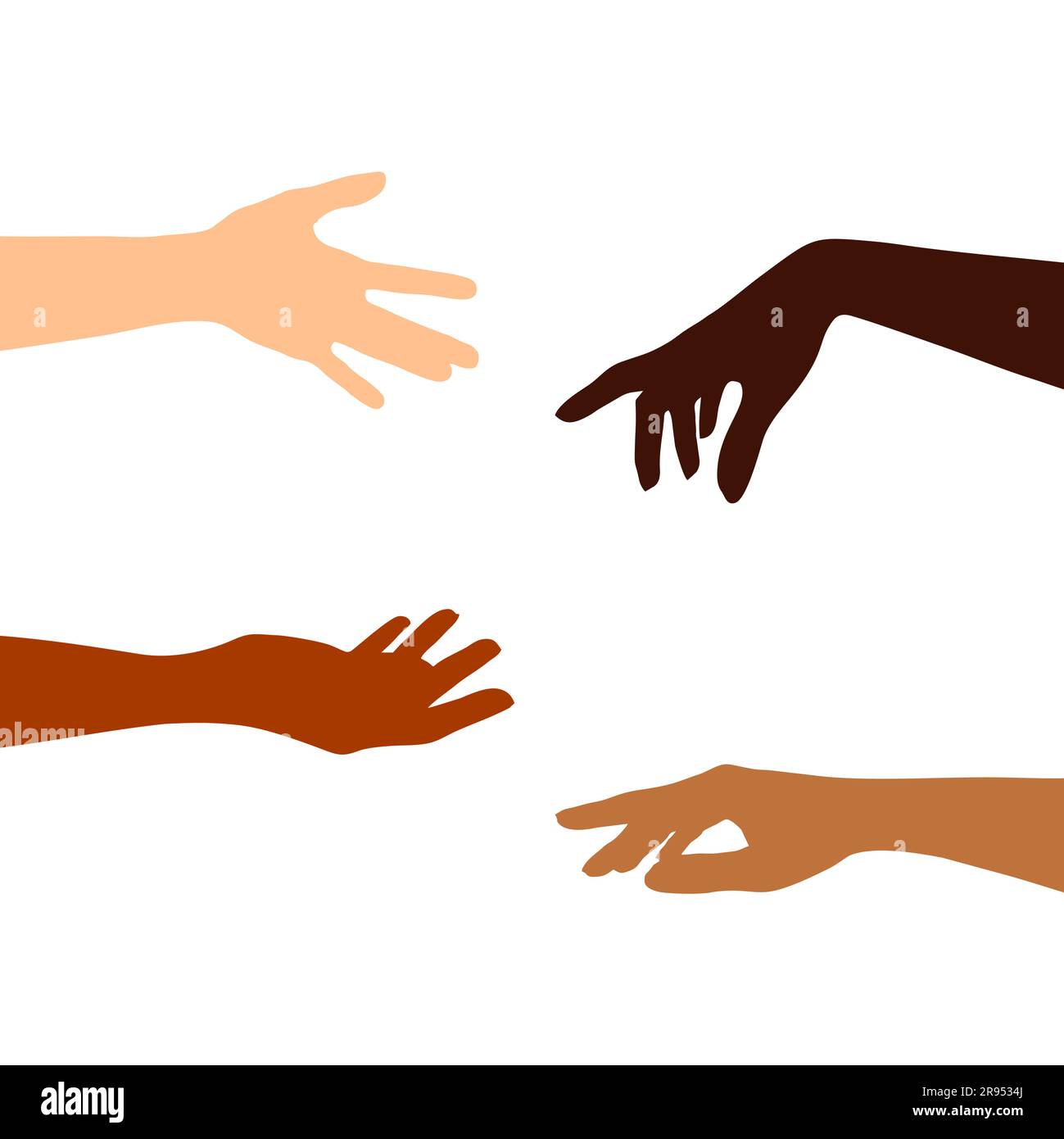 Four female hands of different skin color on a white background. The ...