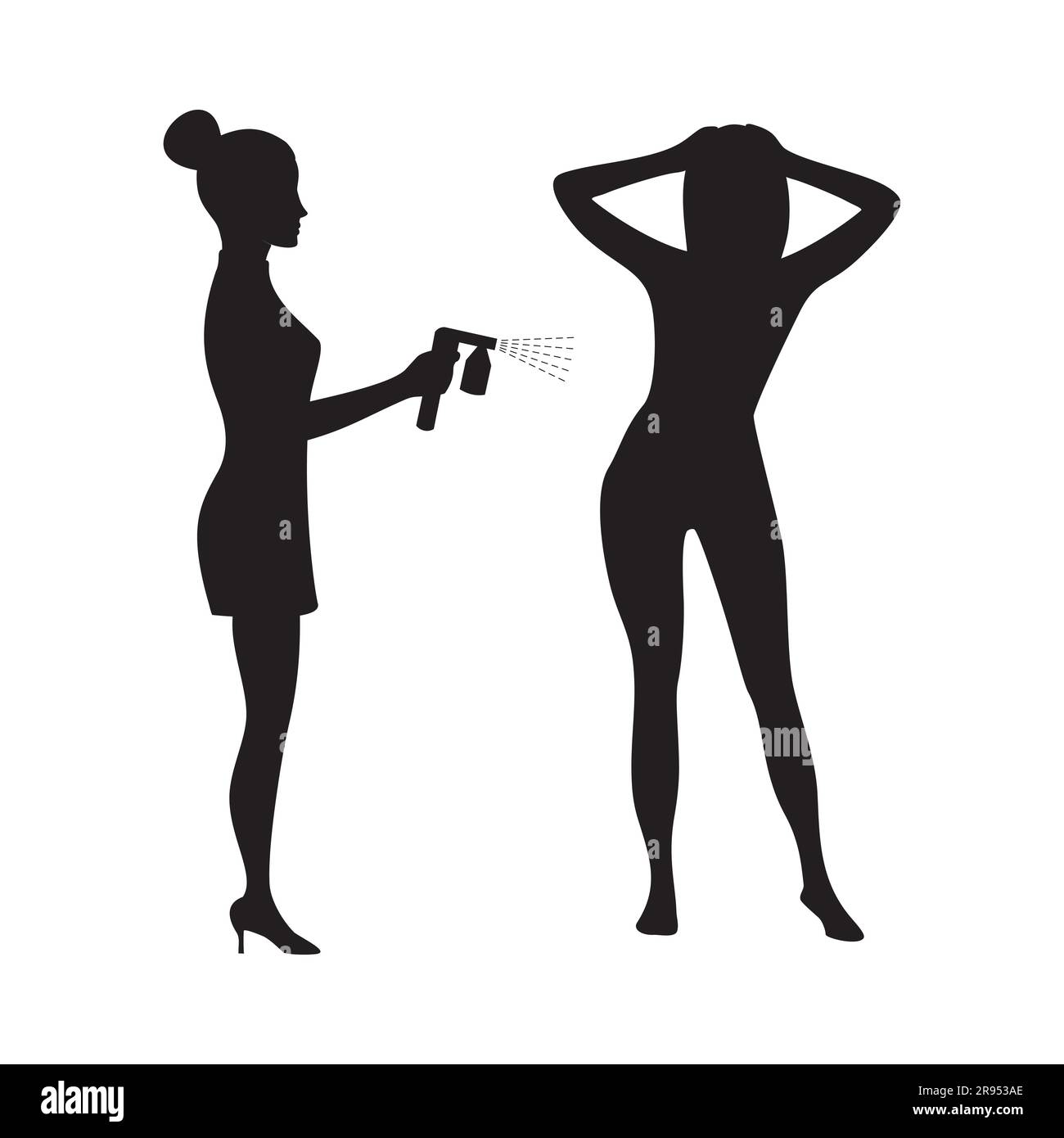 Silhouette of a master of beauty applying tan spray on a woman's body