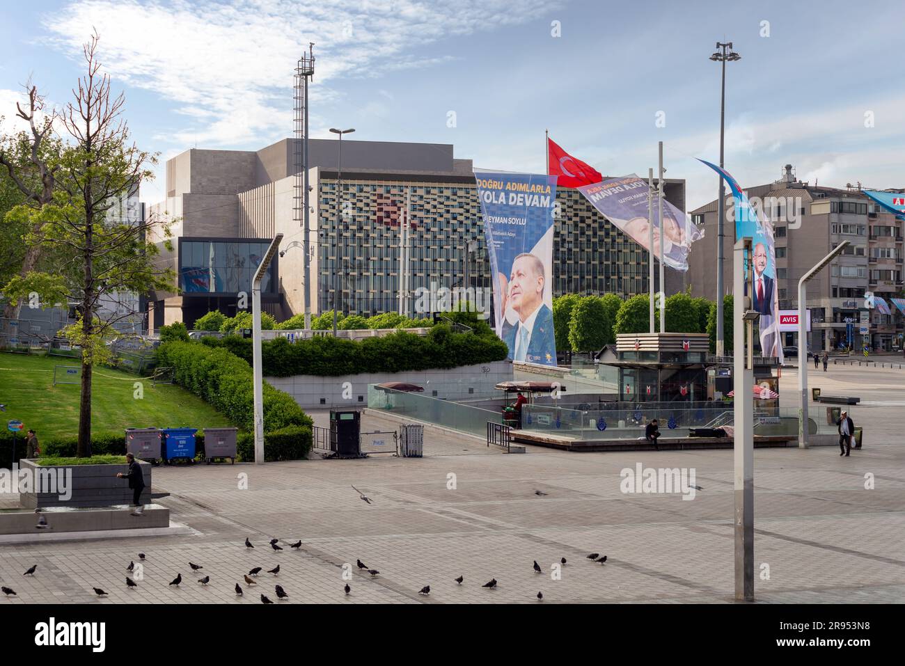Istanbul, Turkey - May 13, 2023: Taksim Square, or Taksim Meydani one day before the 2023 presidential elections, with banners supporting candidates and Ataturk Cultural Center in the background Stock Photo
