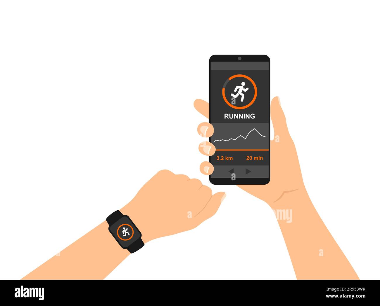 Smart watch or fitness bracelet in one hand and a smartphone with a fitness tracking app on the screen in the other hand Stock Vector