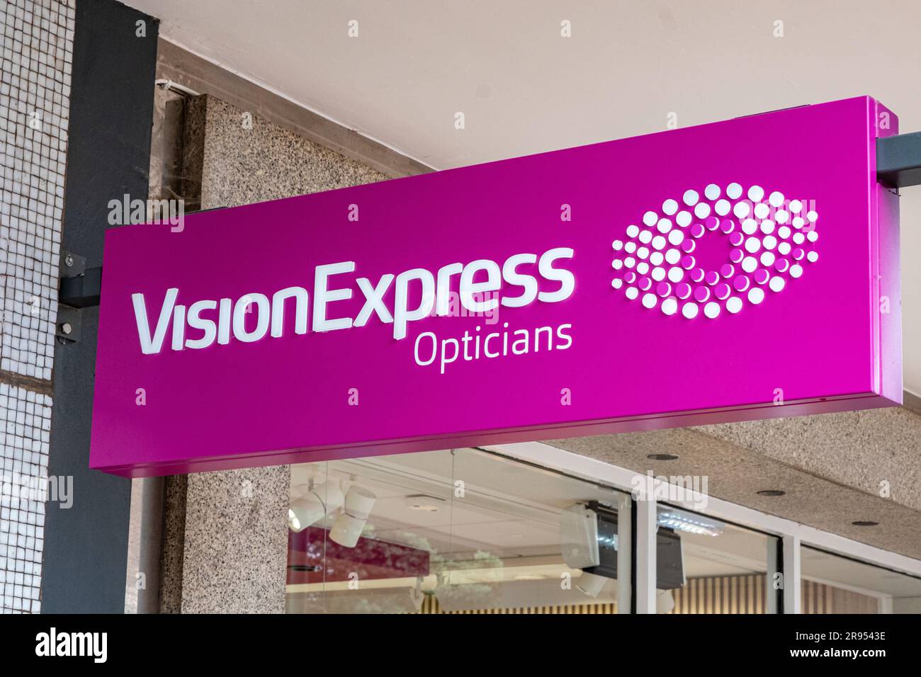 Close up of Vision Express opticians shop sign UK Stock Photo
